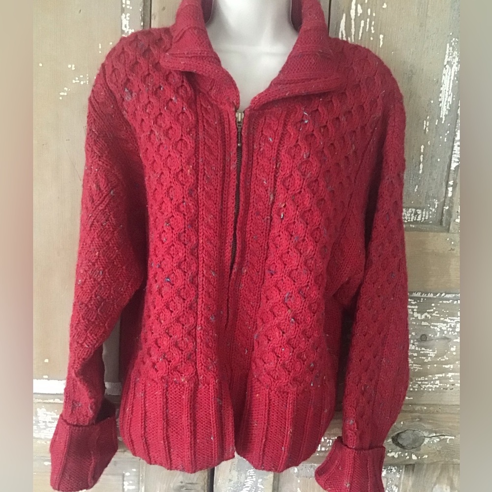 Celtic Country Cable Knit Cardigan Sweater 100% Wool Size Small Ireland Zip Red